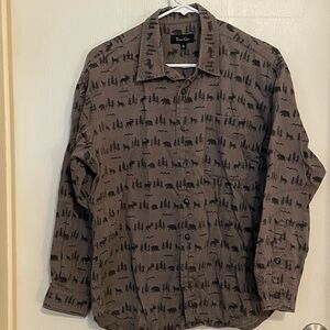 True Grit Mens Shirt Long Sleeve Button Up Wild Side Size Medium Brown Bear Tree